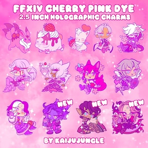 Puede incluir: Una colección de amuletos holográficos de 6,35 cm en tonos rosas, con varios personajes y diseños de dibujos animados. El texto "FFXIV CHERRY PINK DYE" y "NEW" son visibles. También se muestra el nombre del artista, "BY KAIJUJUNGLE".