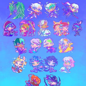 May include: A collection of 2.5-inch holo charms featuring various Final Fantasy XIV Endwalker characters. Each charm showcases a chibi-style illustration with vibrant colors and intricate details. The charms are set against a gradient blue background.