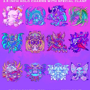 May include: A collection of twelve colorful FFXIV Fiend charms, each 2.5 inches, with a special clasp. The charms feature various fantasy creatures in vibrant hues of blue, purple, green, and pink, set against a purple background. Text includes "FFXIV FIEND CHARMS" and "DESIGNED BY KAIJUJUNGLE."