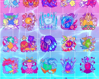 May include: A selection of 2.5-inch (approx. 6.35 cm) holographic charms. The image displays Final Fantasy XIV Jobstones, each with a unique design and vibrant colours. The charms are set against a pink and blue background, with the text "FFXIV Jobstones".