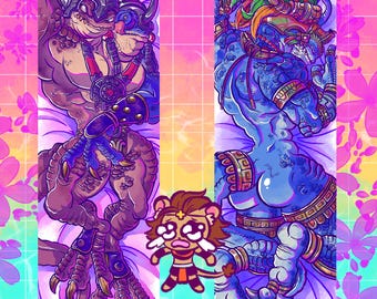 May include: Two colourful, illustrated pillowcases featuring anthropomorphic characters. The first pillowcase features a purple and brown character with a horned helmet and a blue and purple character with a horned helmet. The second pillowcase features a blue character with a horned helmet and a green and yellow feathered headdress. Both pillowcases have a pink and blue background.