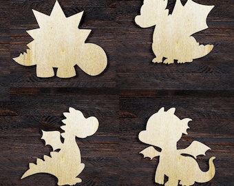 May include: Four wooden dragon cutouts in various poses. The dragons are light brown and have different wing and body designs. The background is a dark brown wood grain.