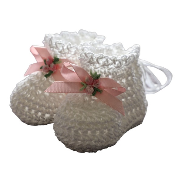 White Hand Crocheted Baby Booties With Pink Bow