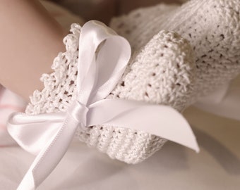 White Hand Crocheted Baby Booties with White Satin Ribbon