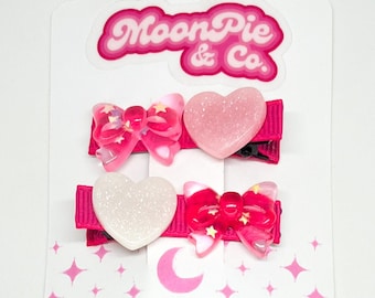 Pink Bow and Heart Hair Clips Set of 2 - Kawaii hair clip - y2k accessories