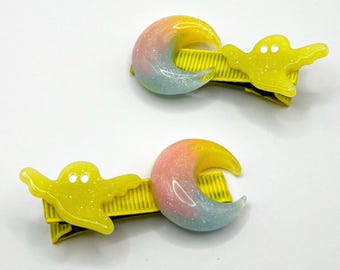 Yellow Ghost and Moon Hair Clips Set of 2 - Kawaii Hair Clip - y2k accessories