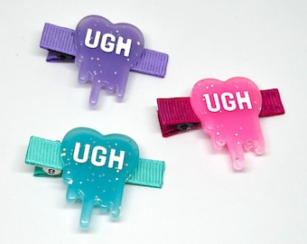 Pastel Goth Hair Clips: Glitter UGH Heart Charms, Set of 2