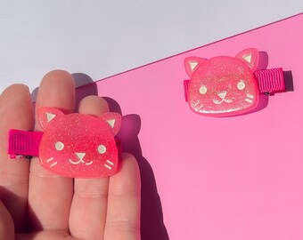 Pink Kitty Hair Clips Set: Kawaii Pastel Goth Accessories, set of 2