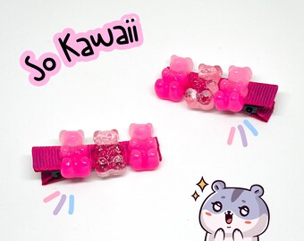 Kawaii Gummy Bear Hair Clips: Pink Glitter Charms (2pcs)