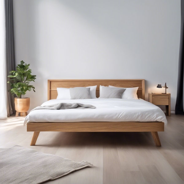 Lit en bois de chêne massif, lit plateforme avec appui-tête, lit moderne, lit en bois