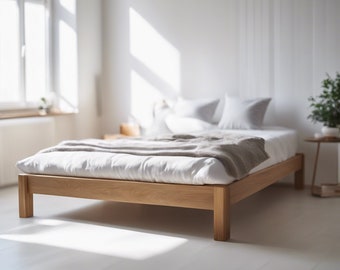 Solid Oak wood bed, Platform bed with headrest, Modern bed, Wooden bed