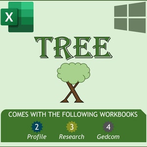 May include: Green and brown tree graphic with the word "TREE" in large green letters. The text "COMES WITH THE FOLLOWING WORKBOOKS" is below the tree. Three icons with numbers 2, 3, and 4 are below the text, with the words "Profile", "Research", and "Gedcom" below each icon.