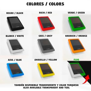 Peut inclure: Un tableau présentant différentes options de couleurs pour un produit. Les couleurs incluent le noir, le rouge, le vert, le blanc, le gris, l'orange, le bleu, le jaune et une couleur fluorescente. Le texte "Colores / Colors" est en haut du tableau. Le texte "También disponible transparente y color turquesa / Also available transparent and teal" est en bas du tableau.