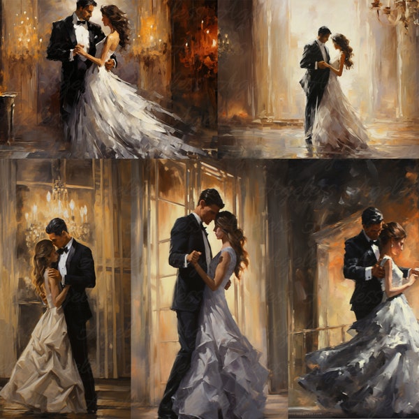 Acrylic Romance: Paintings of Couples in Wedding Attire Dancing Happily - Bundle of 5