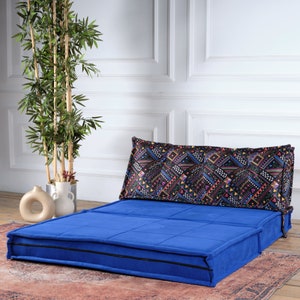 Sectional Modular Sofa, Blue Floor Cushion Coach, Double Floor Sofa Bed.