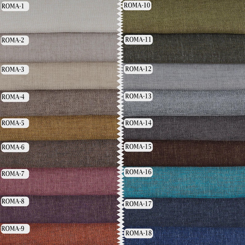 May include: A fabric swatch collection featuring eighteen distinct colour options labelled ROMA-1 through ROMA-18. The textile samples display a consistent woven texture and are arranged in two vertical columns with a zigzag edge down the centre.