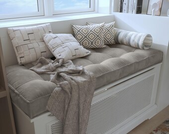 Tufted Window Bench Cushion, Custom Bench Seat Cushion, Washable Linen Bench Cushion