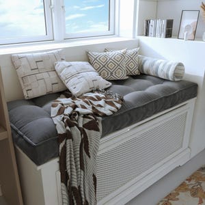 Custom Window Seat Cushion, Large Bench Cushion, Linen Tufted Floor Cushion