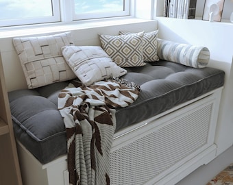 Custom Window Seat Cushion, Large Bench Cushion, Linen Tufted Floor Cushion