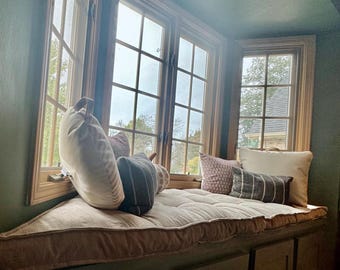 Bay Window Seat Cushion, Linen Bench Cushion, Cozy Reading Nook