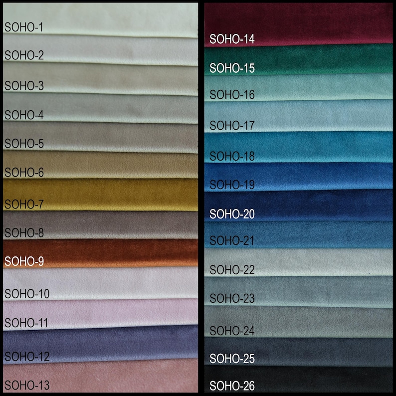 May include: A fabric swatch card with 26 different colors, labeled SOHO-1 through SOHO-26. The colors range from light beige to dark blue.