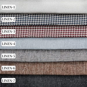 May include: Seven different fabric swatches, labeled LINEN-1 through LINEN-7. The swatches are arranged in a vertical stack, with the top swatch being LINEN-1 and the bottom swatch being LINEN-7. The swatches are all different colors and textures.