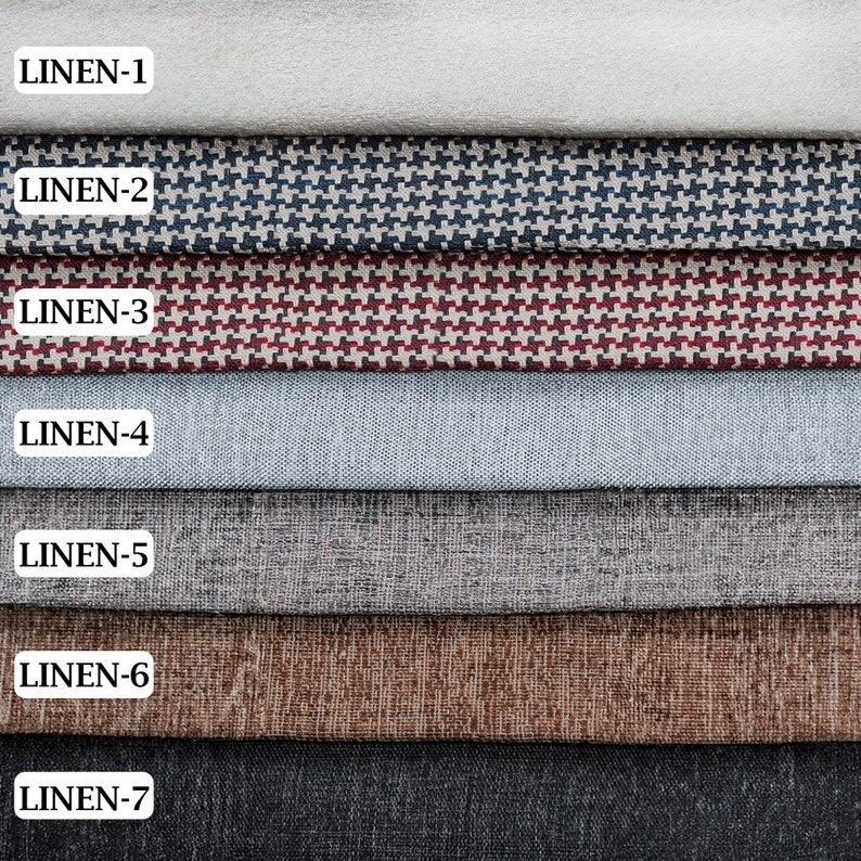 May include: Seven different fabric swatches, labeled LINEN-1 through LINEN-7. The swatches are arranged in a vertical stack, with the top swatch being LINEN-1 and the bottom swatch being LINEN-7. The swatches are all different colors and textures.