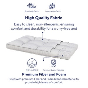 May include: A close-up of a white, quilted cushion with a cutaway view showing the layers of fiber and foam filling. The cushion is described as "High Quality Fabric" and "Premium Fiber and Foam".