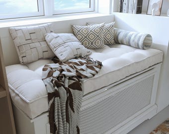 Custom Bench Cushion Indoor, Washable Window Bench Cushion, Linen Tufted Bench Cushion
