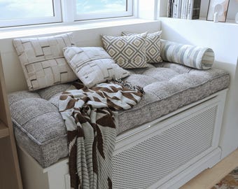 Cuatom Window Seat Cushion, Washable Tufted Bench Cushion, Linen Bench cushion