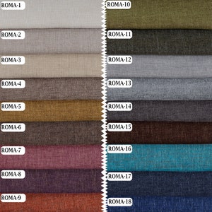 May include: A swatch card showing 18 different fabric samples. The samples are arranged in two columns, with the left column showing lighter colors and the right column showing darker colors. The fabric samples are labeled with the names "ROMA-1" through "ROMA-18".