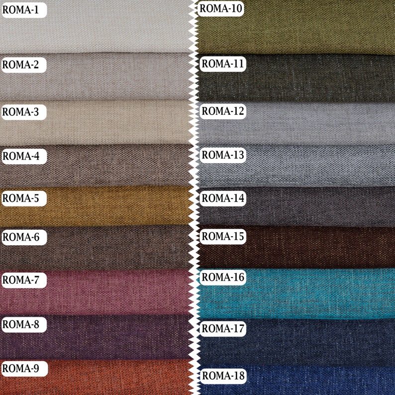 May include: A swatch card showing 18 different fabric samples. The samples are arranged in two columns, with the left column showing lighter colors and the right column showing darker colors. The fabric samples are labeled with the names "ROMA-1" through "ROMA-18".