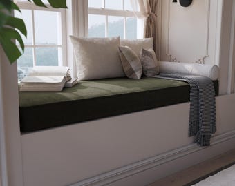 Custom Linen Bench Cushion, Large Window Seat Cushion, Washable Zippered Bench Cushion