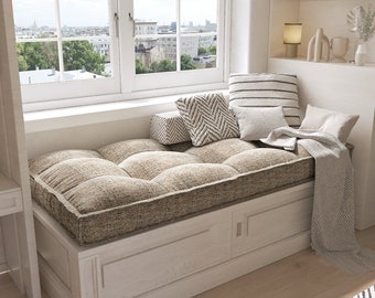 Custom Bench Cushion Indoor, Large Window Seat Cushion, Linen Tufted Bench Cushion