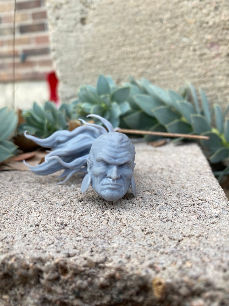 Puede incluir: Una figura de cabeza de hombre impresa en 3D de color gris con el pelo largo y una expresi&oacute;n seria. La figura tiene grandes pendientes redondos.