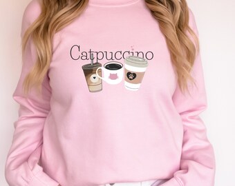 Graziosa felpa Catpuccino (Cappuccino e gatti) per gli amanti dei gatti | Maglione Coffeelover | Colore pastello rosa | Accogliente | Divertente maglione per animali domestici | Dolce