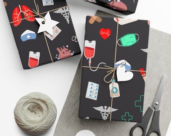 Schwarzes Geschenkpapier mit Medizinischen Symbolen | für Krankenschwestern & Ärzte | Krankenhaus | Verpackung | Weihnachten | Stethoskop