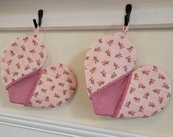Quilted Heart Oven Mitts Set: Pink Rose And Gingham Hot Pads, Valentine Decor