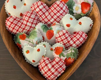 Strawberry Fabric Heart Bowl Fillers - Set of 12- Cottagecore Decor