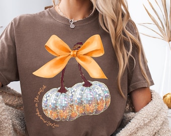 Coquette Bow Disco Pumpkin T-Shirt: Comfort Colors Vintage Halloween Tee