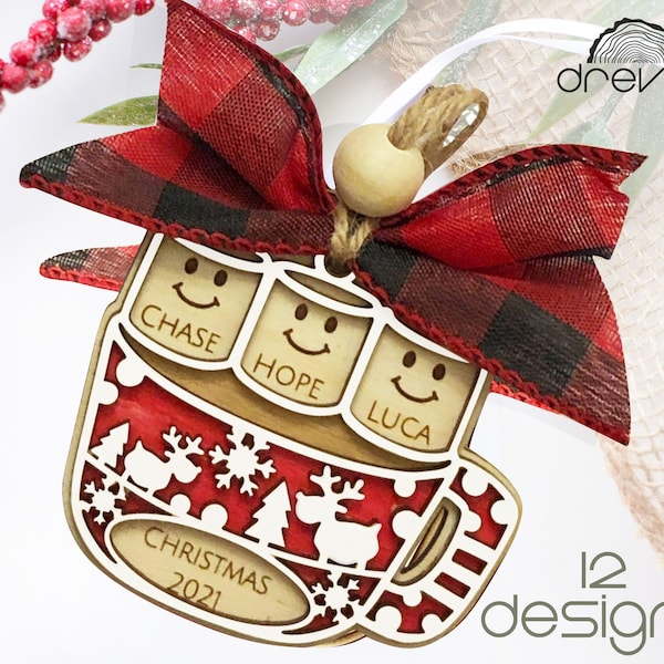 christmas ornament svg, marshmallow ornament,hot cocoa ornament, laser cut file, mug ornament svg, family name ornament svg, marshmallow svg