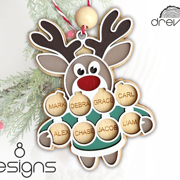 reindeer christmas ornament svg, family christmas ornament svg, layered name ornament svg, personalized christmas, layered reindeer svg