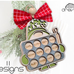 family christmas ornament svg, gnome with cookies laser cut file, gnome ornament svg, layered name ornament svg, personalized christmas