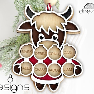 highland cow family ornament svg, laser cut file, highland cow ornament, christmas ornament svg, svg file glowforge, layered ornament svg
