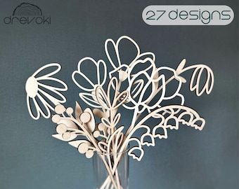 wildflowers svg bundle, laser cut file, mothers day svg, wood bouquet svg cut file, wooden bouquet svg, vector flowers, svg file glowforge