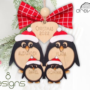 adorno de la familia de pingüinos svg, archivo cortado con láser, adorno de Navidad svg, familia de pingüinos personalizada, adorno de pingüinos, archivo svg Glowforge