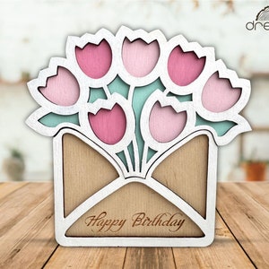 titolare della carta regalo buon compleanno in formato SVG, file tagliato al laser, titolare della carta bouquet, scatola della carta regalo in formato SVG, titolare della carta regalo fiore, festa della mamma laser in formato SVG