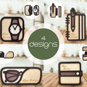 gift card holder bundle of 4 designs, laser cut file, gift card box svg, svg file glowforge, card holder laser svg cut file, happy birthday