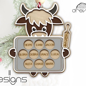 highland cow family ornament svg, laser cut file, highland cow ornament, christmas ornament svg, svg file glowforge, layered ornament svg