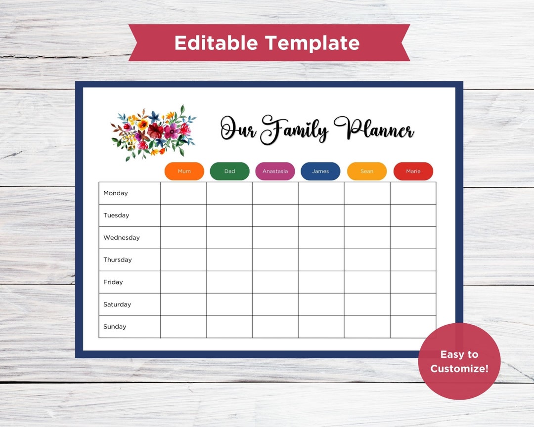 Editable Family Planner Weekly Planner for Family Printable - Etsy